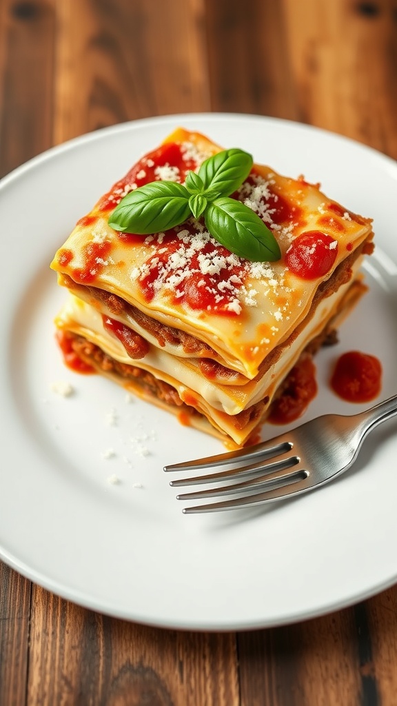 A slice of lasagna on a white plate, garnished with basil and Parmesan, showcasing layers of meat, béchamel, and cheese.